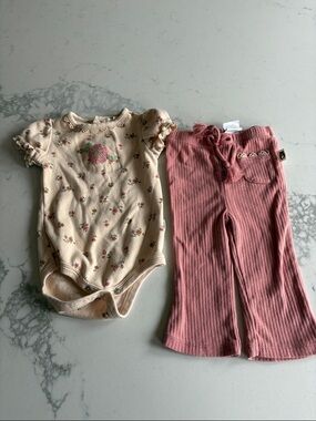 Kids Floral Cream Bodysuit & Pink Ribbed Pants Matching Set